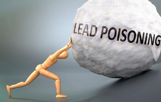 Lead poisoning  - depiction, impression and presentation of this condition shown a wooden model pushing heavy weight to symbolize struggle and pain when dealing with Lead poisoning , 3d illustration