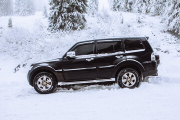 Fototapeta na wymiar suv car in snowed forest