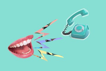 Endless talks on the vintage phone. Female mouth talks. Contemporary art collage