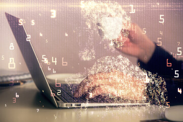 Double exposure of woman hands typing on computer and technology theme drawing. High Tech concept.