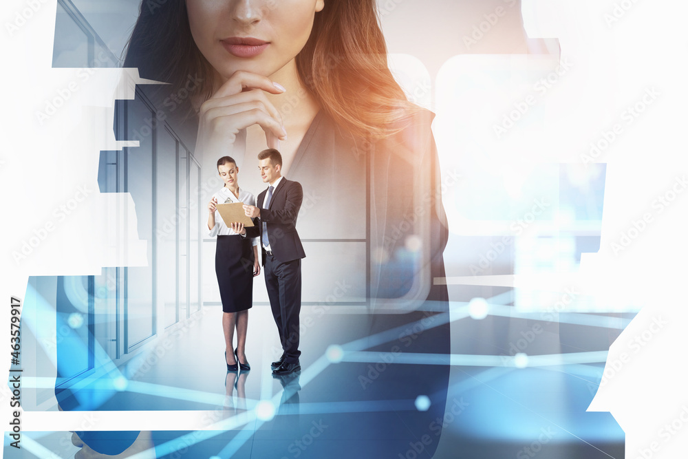 Poster Businessman and businesswoman wearing formal suits work together holding clipboard