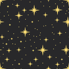 Golden shiny stars vector seamless pattern. Background for wallpaper, wrapping, packing, and backdrop.