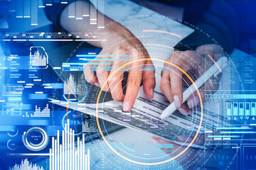 Businesswoman hands with pen and document, binary code and diverse digital icons
