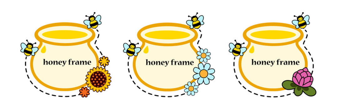 Honey Jar Stickers. Honey jar pot ,cute bees and various flowers (chamomile, sunflower and clover) .Isolated vector images in cartoon style. Clipart for package label design.