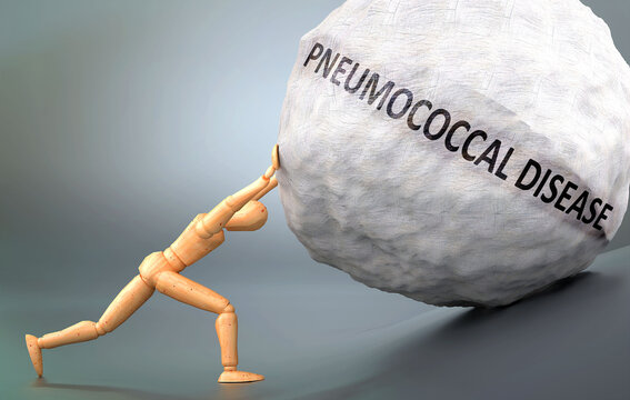 Depiction of Pneumococcal disease shown a wooden model pushing heavy weight to symbolize struggle and pain when dealing with Pneumococcal disease, 3d illustration