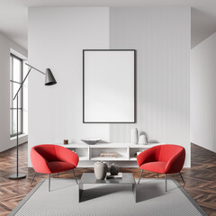 Light living room interior with armchairs and drawer with window, mockup poster