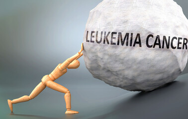 Leukemia cancer - depiction, impression and presentation of this condition shown a wooden model pushing heavy weight to symbolize struggle and pain when dealing with Leukemia cancer, 3d illustration
