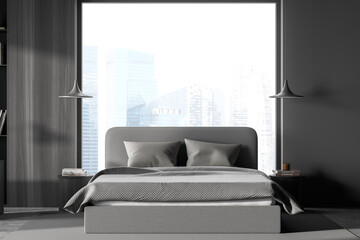Dark bedroom interior with panoramic window with Singapore city view