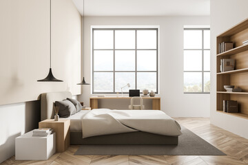 Light bedroom interior with bed and workplace near window, mockup