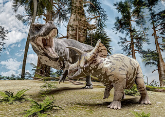 T-Rex against Triceratops in the woods,, 3D-Rendering, illustrated   © Martin