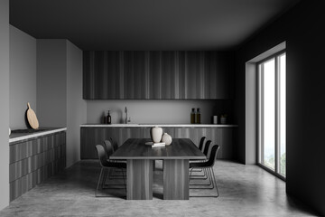 Modern grey dining room and kitchen with minimalist cabinet