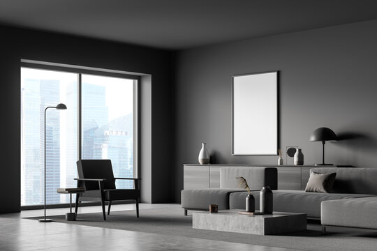 Canvas in grey living room with minimalist details. Corner view.