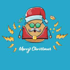 vector rock star santa potato funny cartoon cute character with with red santa hat and calligraphic christmas text isolated on blue background. rock n roll christmas party poster