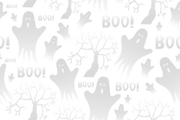 Seamless pattern happy halloween party. Endless white background with scary tree, ghost and lettering boo. Hand drawing vector clip art graphic elements for creative design, printable textile, card.