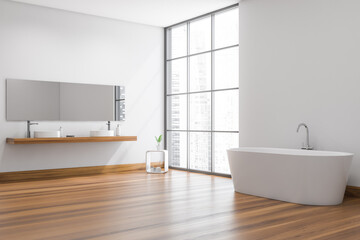 Fototapeta na wymiar Bright bathroom interior with large mirror, double sink, bathtub