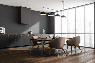 Corner view on dark kitchen room interior with dining table