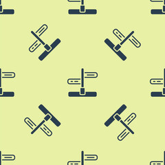 Obraz premium Blue Road traffic sign. Signpost icon isolated seamless pattern on yellow background. Pointer symbol. Isolated street information sign. Direction sign. Vector