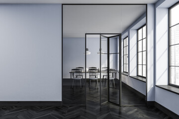 Dark wooden dining room interior with furniture and window, mockup