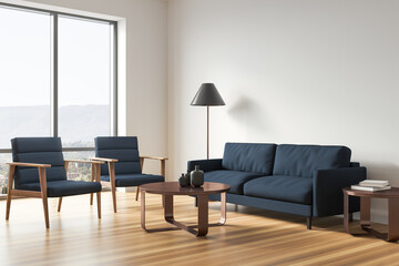 Light living room interior with armchairs and sofa near window, mockup