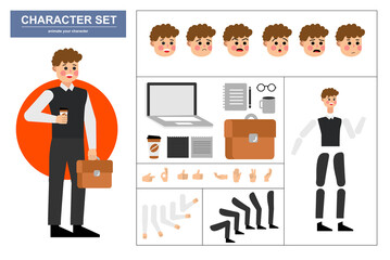 3\4 view animated characters. Office man character constructor with various views, face emotions, poses, gestures and office tools. Cartoon style, flat vector illustration