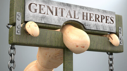 Genital herpes impact and social influence shown as a figure in pillory to depict Genital herpes's effect on human health and its significance and burden it brings to life, 3d illustration - obrazy, fototapety, plakaty