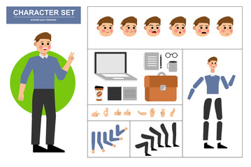 3\4 view animated characters. Office man character constructor with various views, face emotions, poses, gestures and office tools. Cartoon style, flat vector illustration