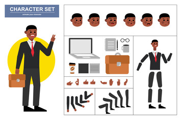 3\4 view animated characters. Office man character constructor with various views, face emotions, poses, gestures and office tools. Cartoon style, flat vector illustration