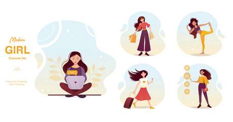 Fototapeta premium Set of modern girls with long hair. Girls work, study, go shopping, play sports. Vector illustration 