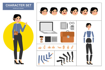 3\4 view animated characters. Office woman character constructor with various views, face emotions, poses, gestures and office tools. Cartoon style, flat vector illustration