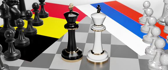 Belgium and Russia conflict, clash, crisis and debate between those two countries that aims at a trade deal and dominance symbolized by a chess game with national flags, 3d illustration