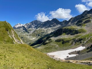 Fototapeta na wymiar Landscape in the French mountains on the Tour du Mont Blanc near Col de la Seigne.