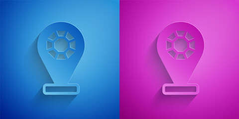 Paper cut Front facade building jewelry store icon isolated on blue and purple background. Paper art style. Vector