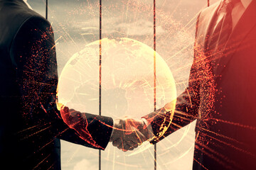 Double exposure of social network theme hologram and handshake of two men.