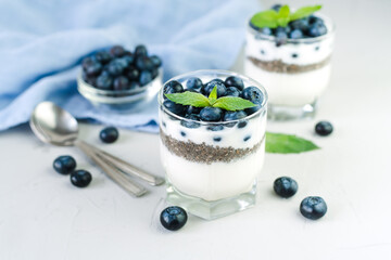 Delicious and healthy dessert with yogurt, chia seeds and fresh blueberries on the table. Healthy breakfast. ?lose-up.