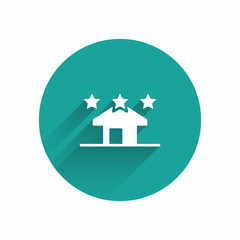 White House icon isolated with long shadow background. Real estate agency or cottage town elite class. Green circle button. Vector