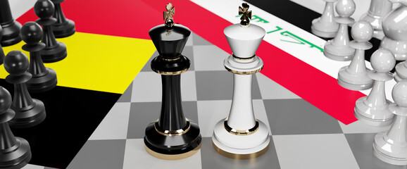Belgium and Iraq conflict, clash, crisis and debate between those two countries that aims at a trade deal and dominance symbolized by a chess game with national flags, 3d illustration