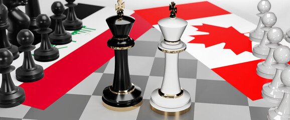 Iraq and Canada conflict, clash, crisis and debate between those two countries that aims at a trade deal and dominance symbolized by a chess game with national flags, 3d illustration