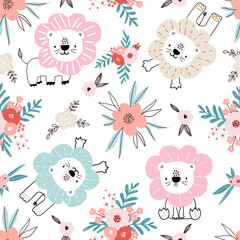 Cute lions with floral seamless patterns