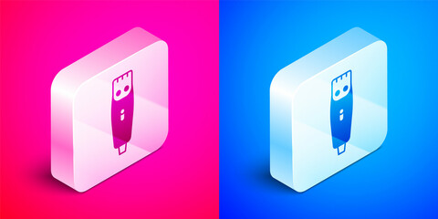 Isometric Electrical hair clipper or shaver icon isolated on pink and blue background. Barbershop symbol. Silver square button. Vector