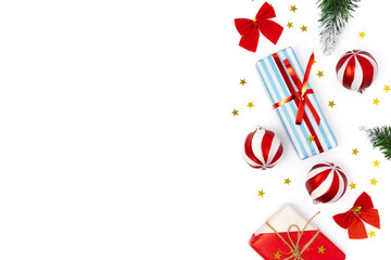 Top view Christmas decorations composition on white background with copy space