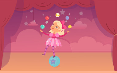 Circus juggler kid character performing acrobatic fun show, acrobat balancer juggling