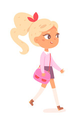 Cute girl walking with schoolbag, back to school and study concept with little schoolgirl