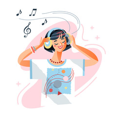 Girl listening music to relax, using earphone to listen relaxing music with closed eyes