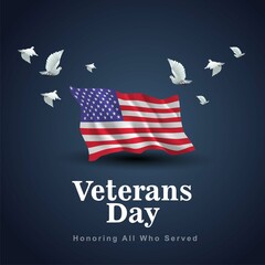 happy veterans day USA. 3d flag with flying pigeon. vector illustration design