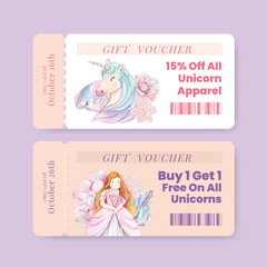Voucher template with unicorn concept,watercolor style