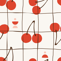 Seamless pattern with cherry fruit and hand drawn geometric shapes on cream background vector.