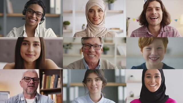 Multiethnic group of diverse people having online videocall, smiling men and women talking to camera