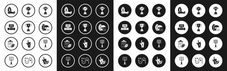 Set Award cup and American football ball, on tv program stand, Soccer or shoes with spikes, Football helmet, Bright stadium lights and Planning strategy concept icon. Vector