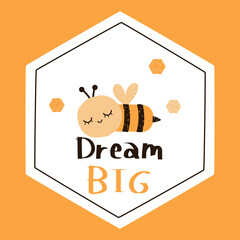 Sleeping bee cartoons and hand written font on white hexagon sign vector.