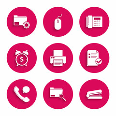 Set Printer, Search concept with folder, Office stapler, Document and check mark, Telephone handset speech bubble chat, Alarm clock dollar symbol, and Folder settings gears icon. Vector